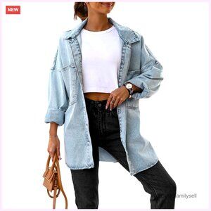 Oversized Denim Jacket, Button Down with Pockets, Relaxed Fit, Long Sleeve